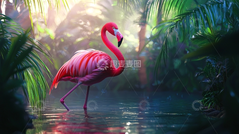 高清大图下载【趣麦麦图】粉红火烈鸟在热带雨林中漫步