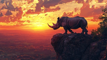 日落悬崖上的犀牛