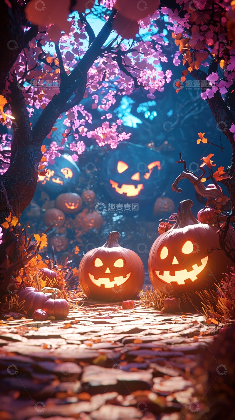 高清大图下载【趣麦麦图】万圣节南瓜灯森林夜景