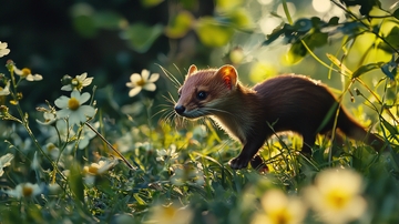 阳光下的小动物在花丛中