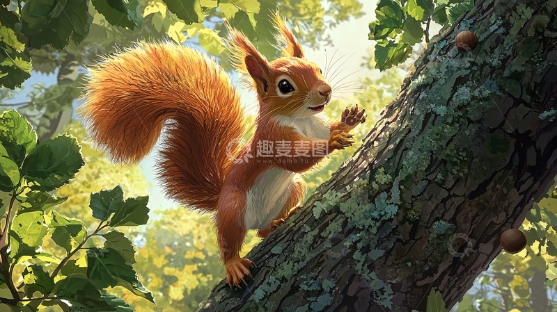 高清大图下载【趣麦麦图】森林中的松鼠与橡树