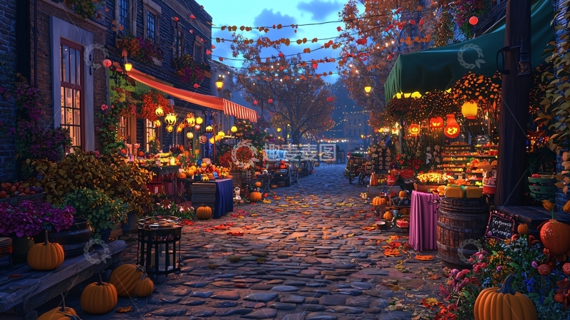 高清大图下载【趣麦麦图】秋日小镇夜景南瓜市场