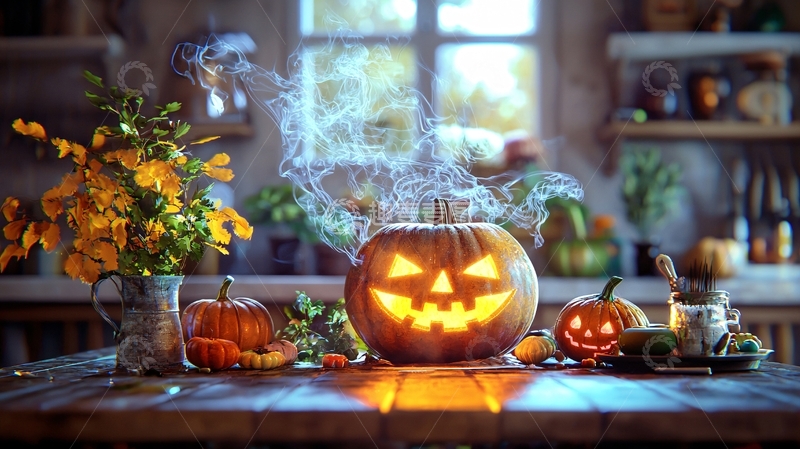 高清大图下载【趣麦麦图】万圣节南瓜灯与烟雾装饰