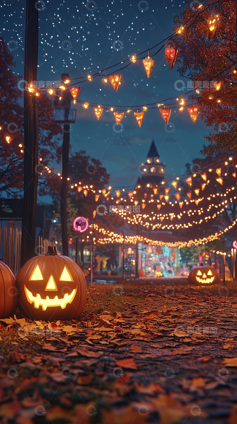 高清大图下载【趣麦麦图】万圣节夜晚南瓜灯装饰场景
