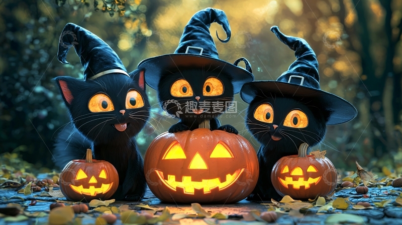 高清大图下载【趣麦麦图】万圣节黑猫与南瓜灯