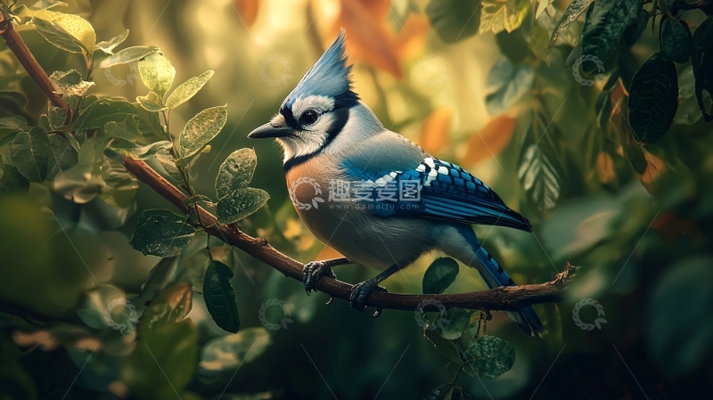 高清大图下载【趣麦麦图】蓝头鹊栖息在树枝上