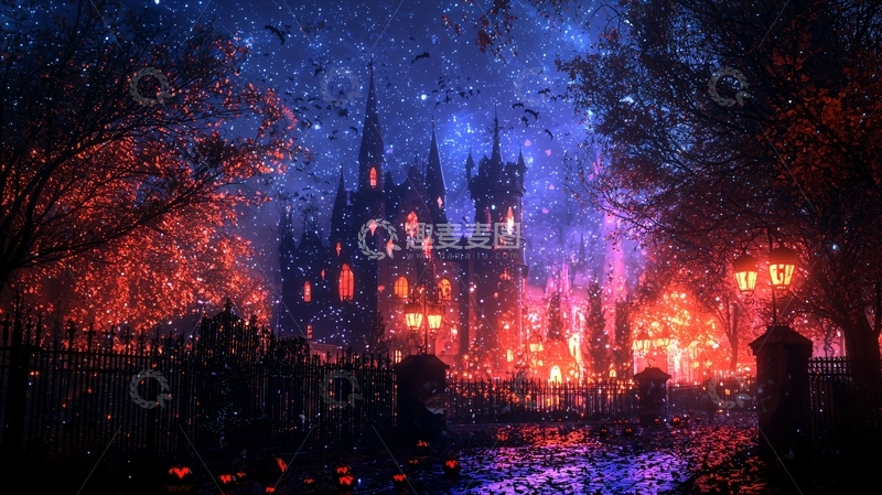 高清大图下载【趣麦麦图】万圣节夜景城堡灯火辉煌