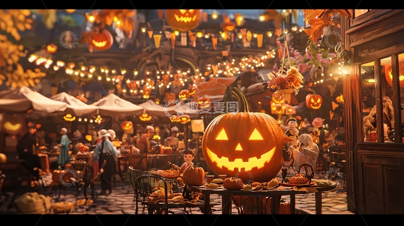 高清大图下载【趣麦麦图】万圣节夜市南瓜灯装饰场景