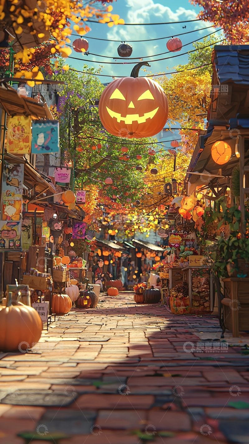 高清大图下载【趣麦麦图】万圣节南瓜灯装饰街道