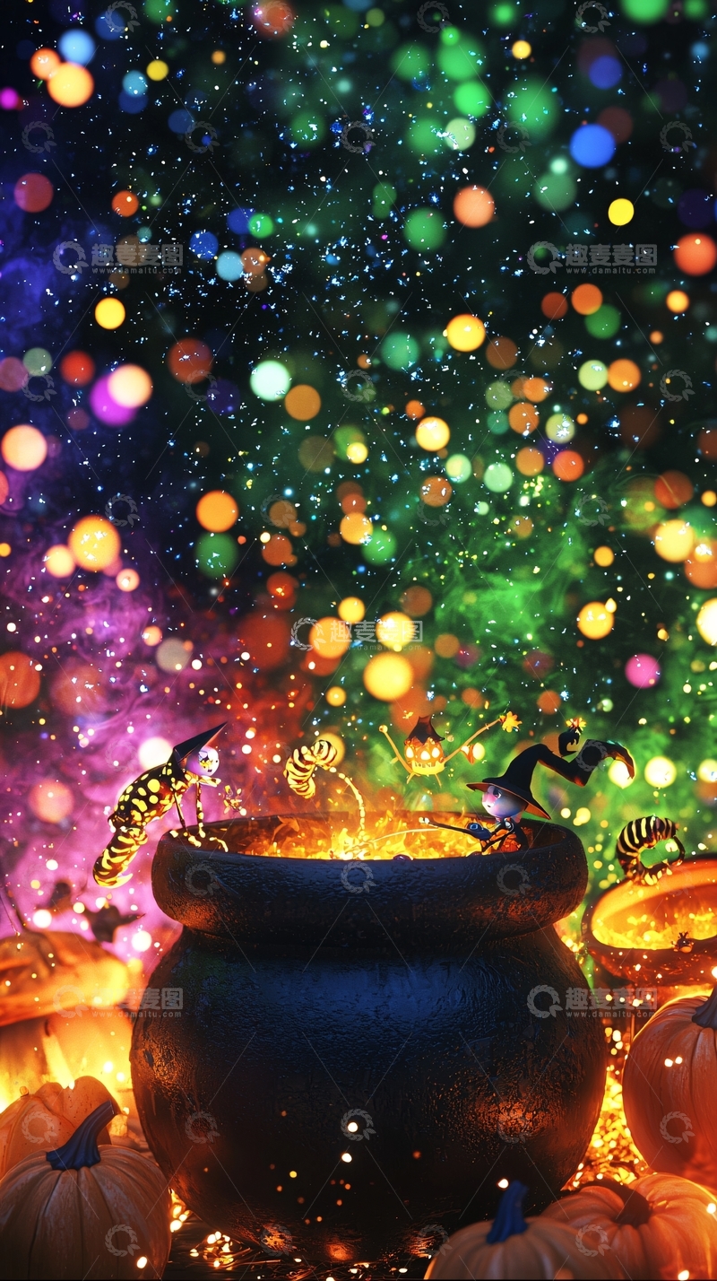高清大图下载【趣麦麦图】万圣节魔法锅与小巫师