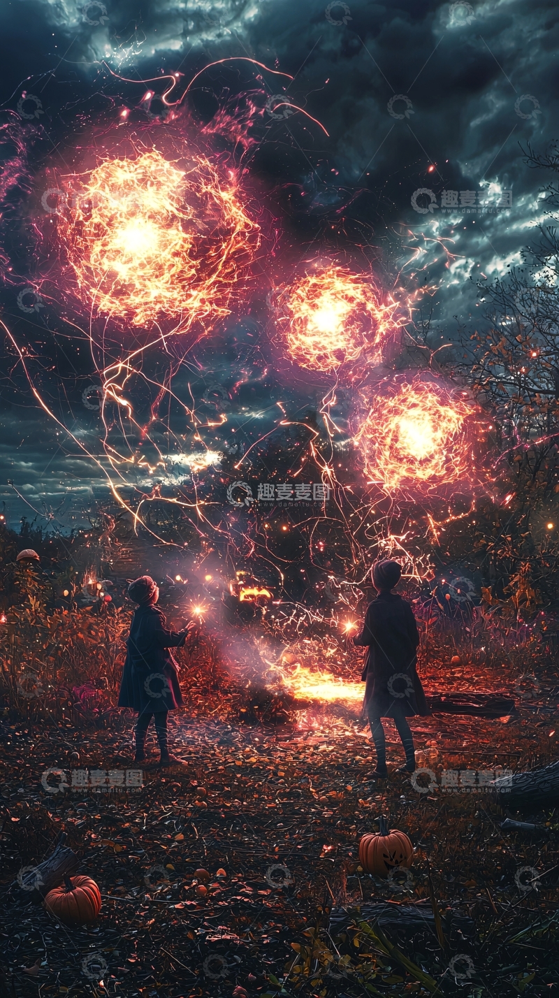 高清大图下载【趣麦麦图】秋夜烟花下的孩子们