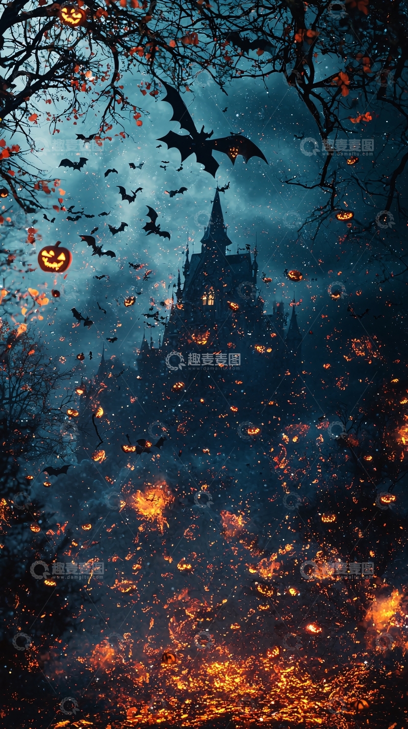 高清大图下载【趣麦麦图】万圣节夜景城堡与蝙蝠