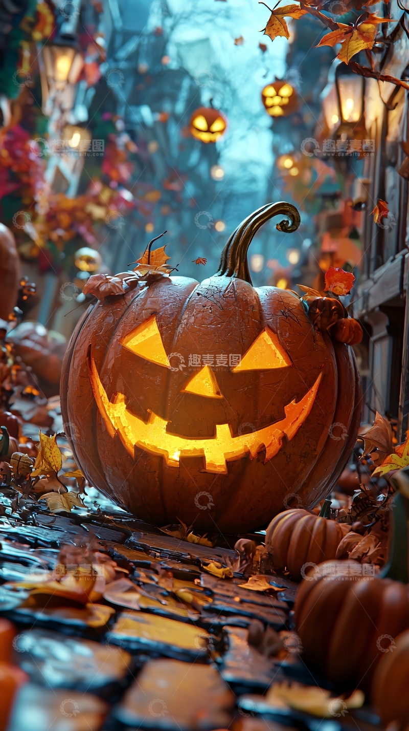 高清大图下载【趣麦麦图】万圣节南瓜灯与落叶