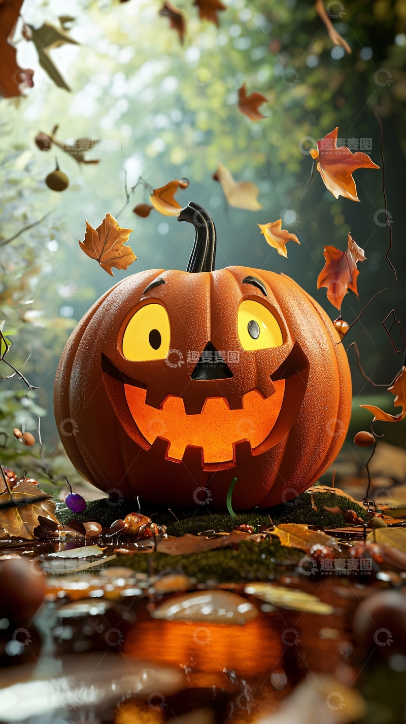 高清大图下载【趣麦麦图】万圣节南瓜灯与落叶