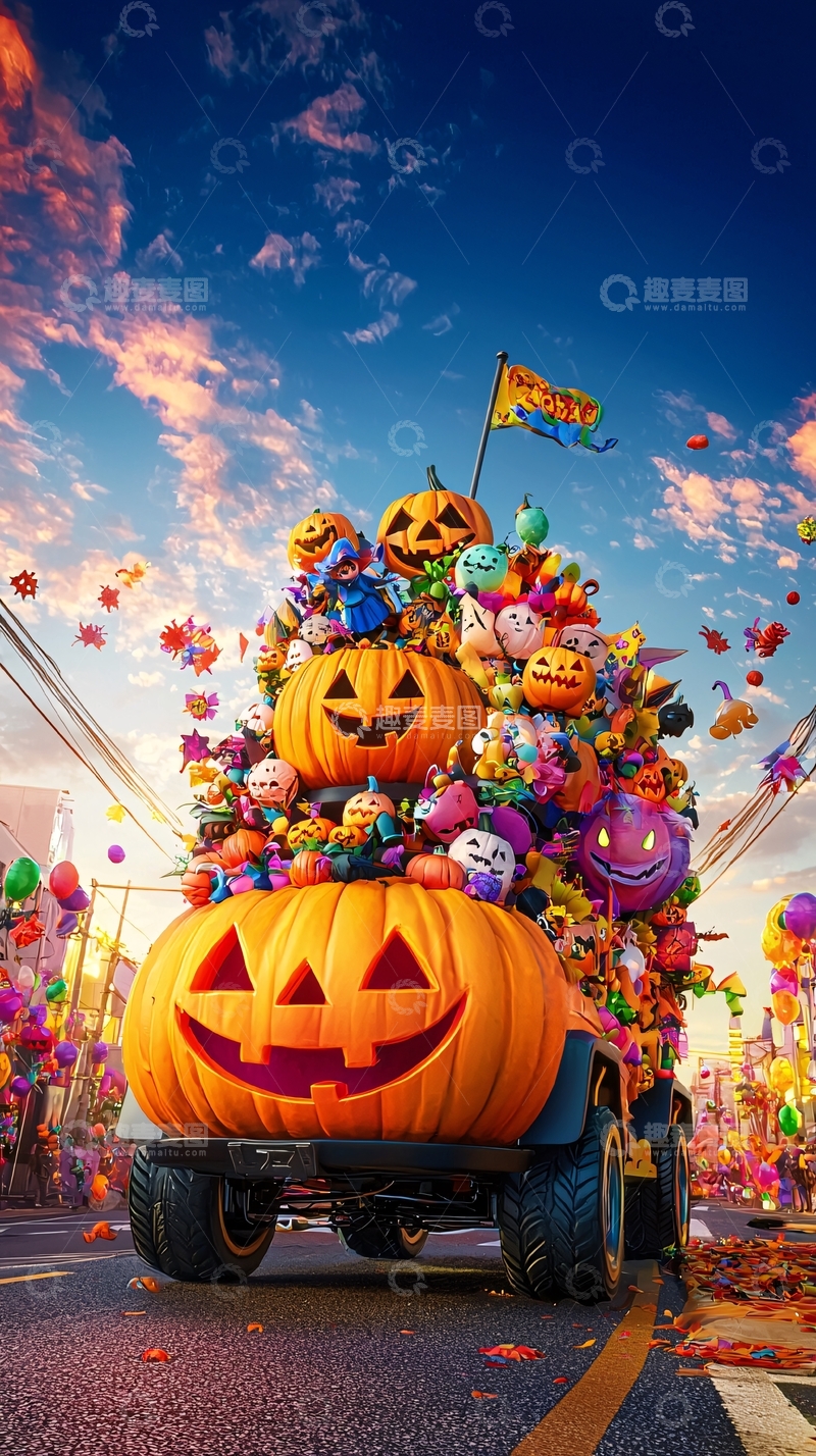 高清大图下载【趣麦麦图】万圣节南瓜车游行场景