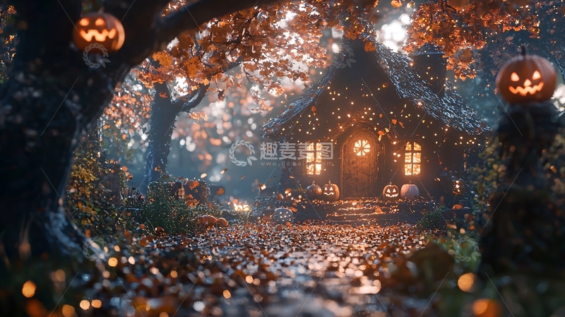 高清大图下载【趣麦麦图】万圣节南瓜灯与落叶的小屋