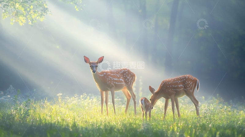 高清大图下载【趣麦麦图】晨光中的鹿群