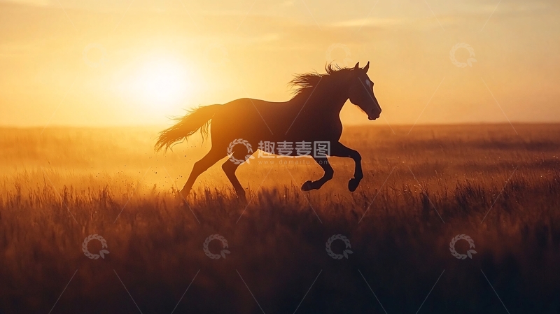 高清大图下载【趣麦麦图】日落草原上的骏马奔跑