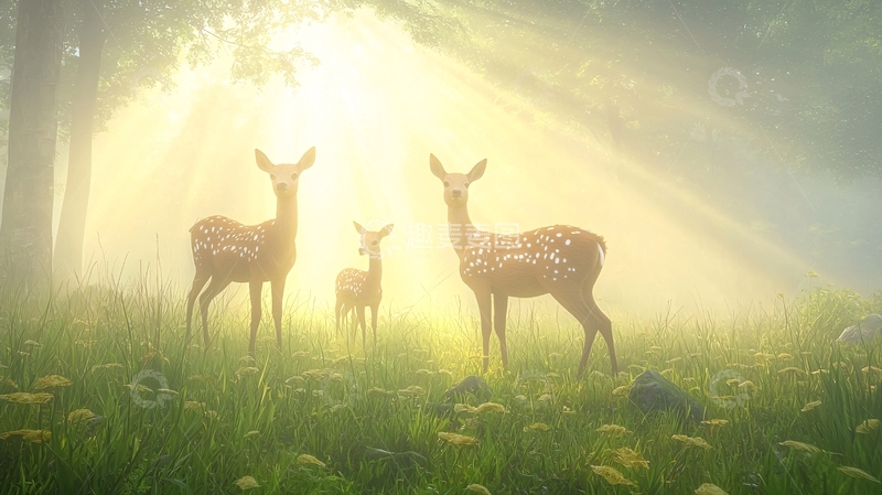 高清大图下载【趣麦麦图】晨光中的鹿群