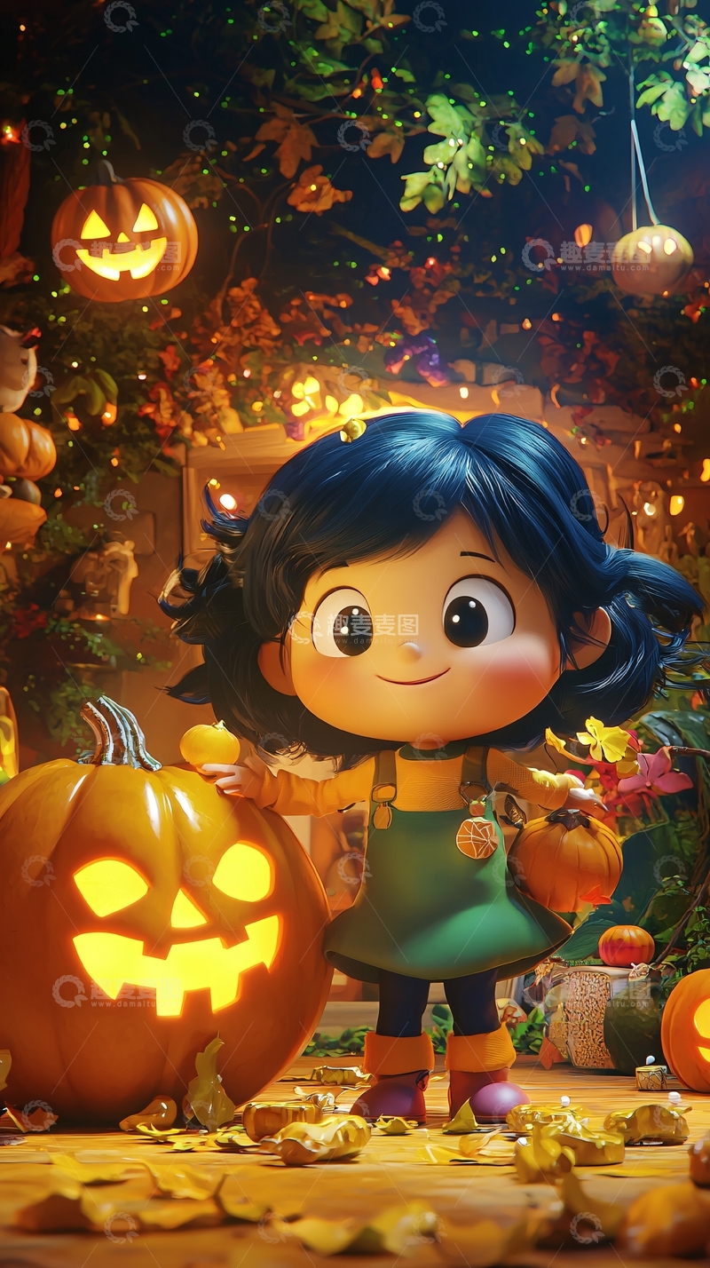 高清大图下载【趣麦麦图】万圣节南瓜灯小女孩