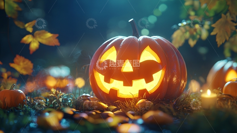 高清大图下载【趣麦麦图】万圣节南瓜灯与落叶
