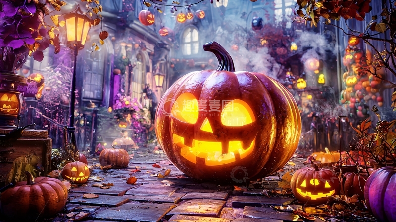 高清大图下载【趣麦麦图】万圣节南瓜灯与落叶街道