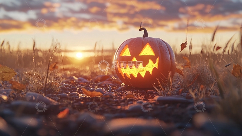 高清大图下载【趣麦麦图】秋日夕阳下的南瓜灯
