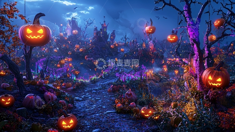 高清大图下载【趣麦麦图】万圣节南瓜灯森林夜景