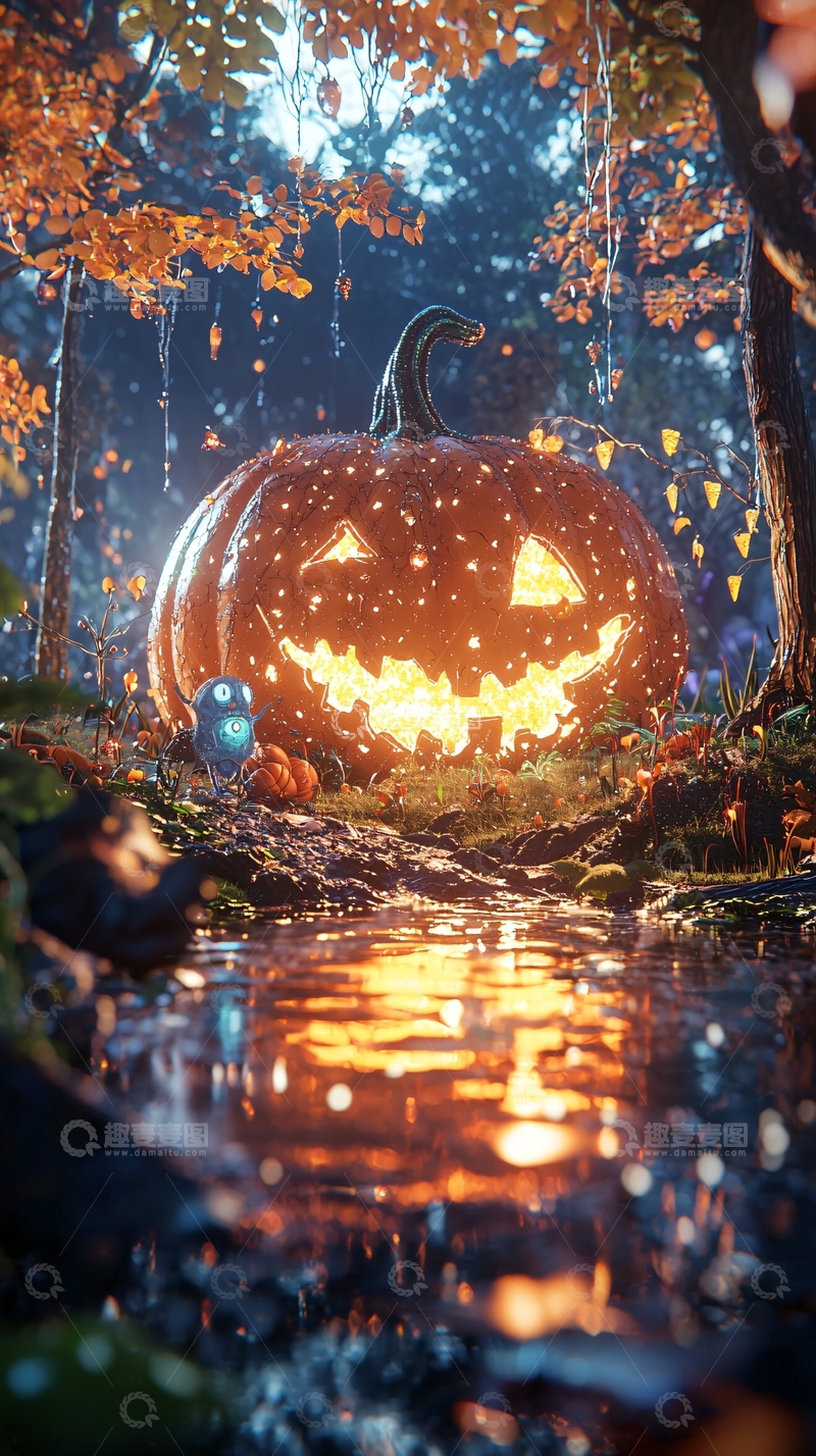 高清大图下载【趣麦麦图】秋夜森林中的南瓜灯