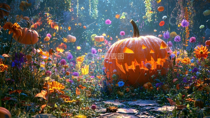 高清大图下载【趣麦麦图】万圣节南瓜灯与五彩斑斓的花园