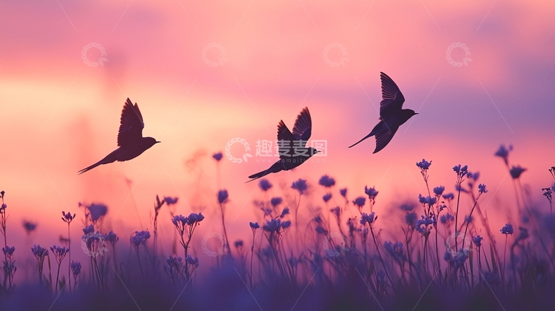 高清大图下载【趣麦麦图】日落花海中的飞鸟剪影