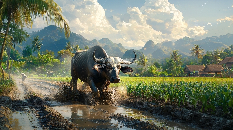 高清大图下载【趣麦麦图】水牛在田间奔跑