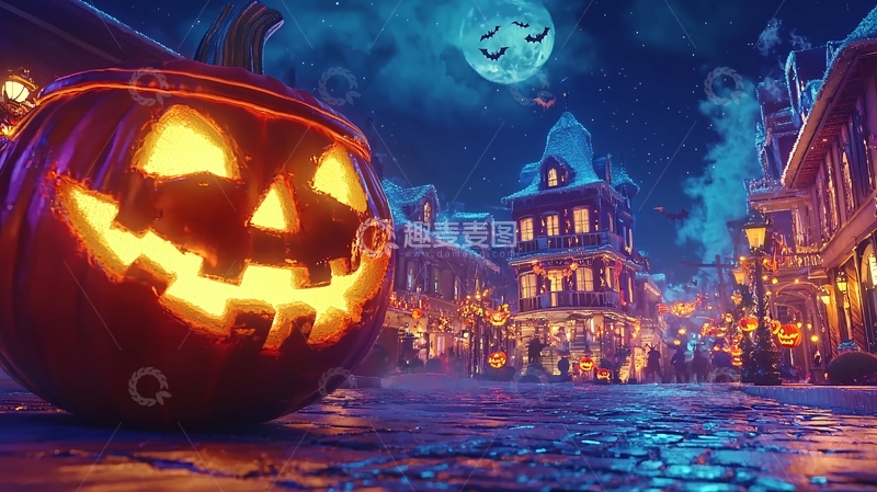 高清大图下载【趣麦麦图】万圣节夜晚南瓜灯街道