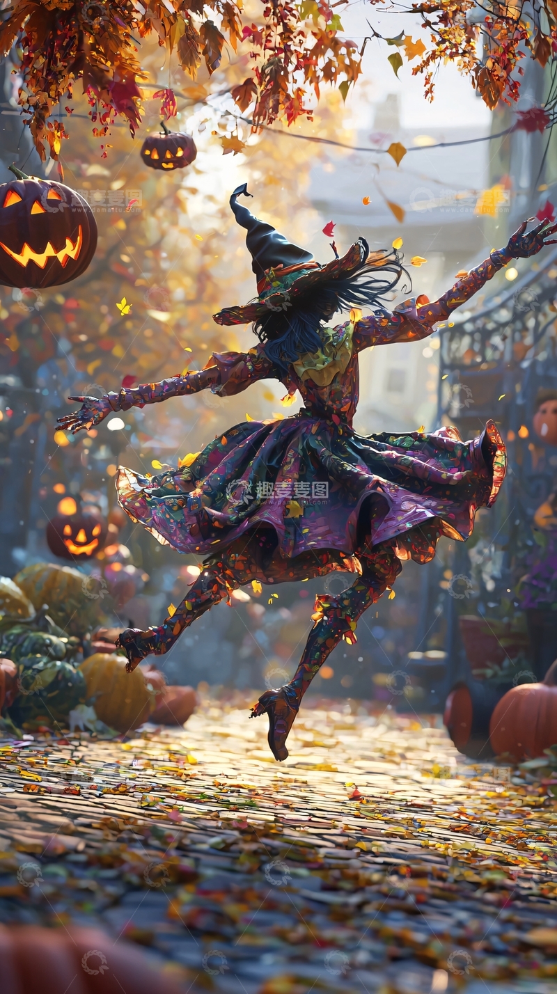高清大图下载【趣麦麦图】万圣节女巫舞动落叶