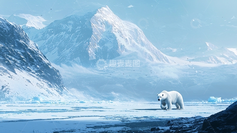 高清大图下载【趣麦麦图】北极熊在冰川上的场景