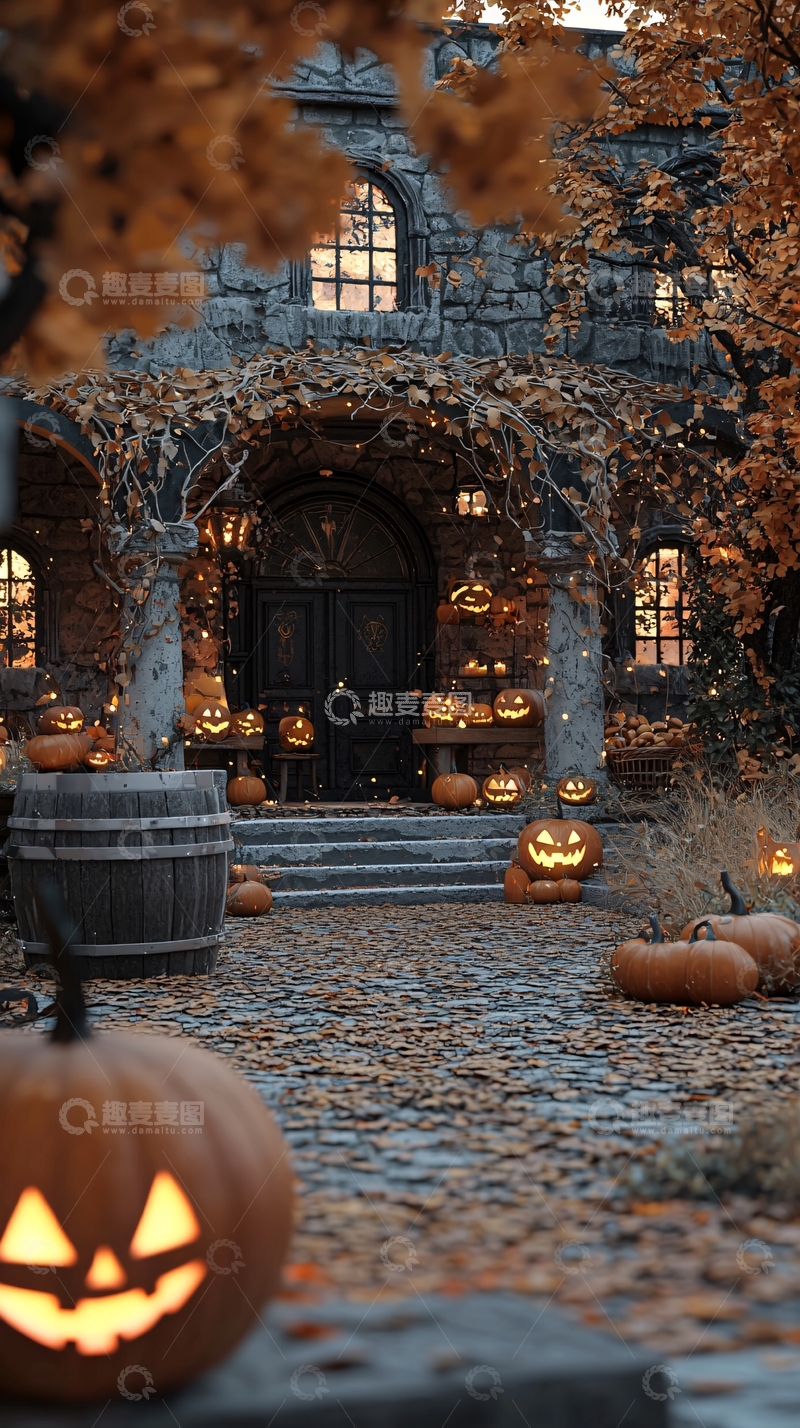 高清大图下载【趣麦麦图】万圣节南瓜灯装饰的古堡前院