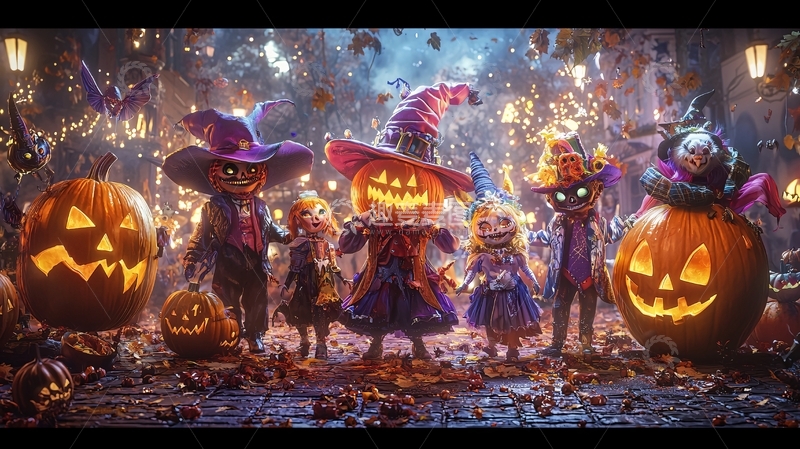 高清大图下载【趣麦麦图】万圣节南瓜灯与巫师装扮的小朋友