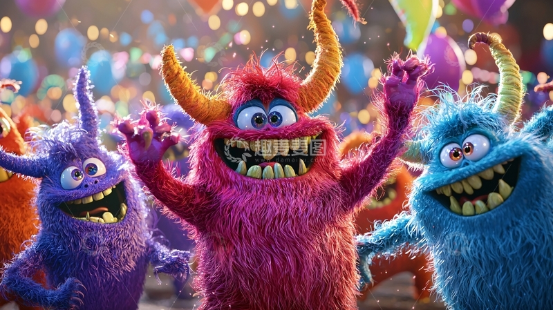 高清大图下载【趣麦麦图】卡通毛绒怪兽派对场景