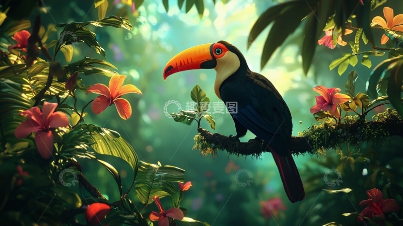 高清大图下载【趣麦麦图】热带雨林中的彩色巨嘴鸟