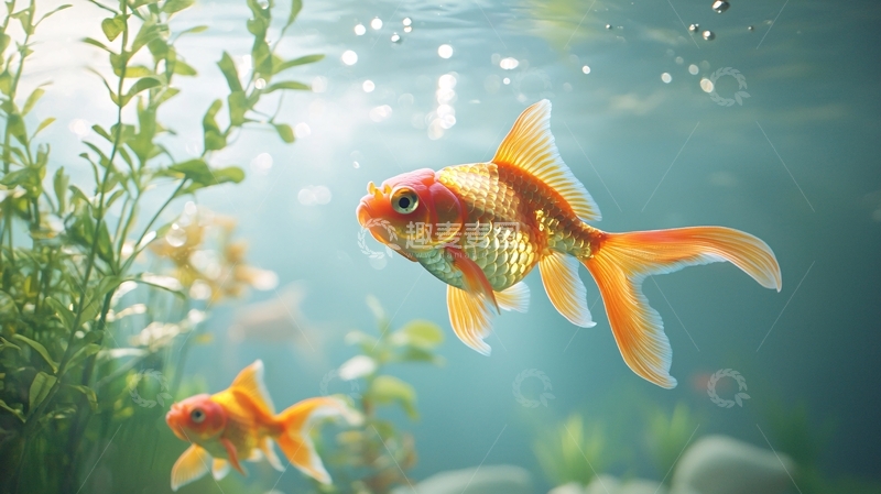 高清大图下载【趣麦麦图】金鱼在水草中游动