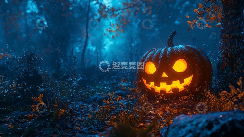 高清大图下载【趣麦麦图】万圣节夜晚森林中的南瓜灯
