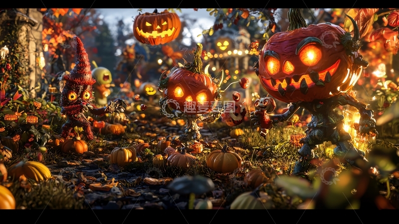 高清大图下载【趣麦麦图】万圣节南瓜灯与怪物场景