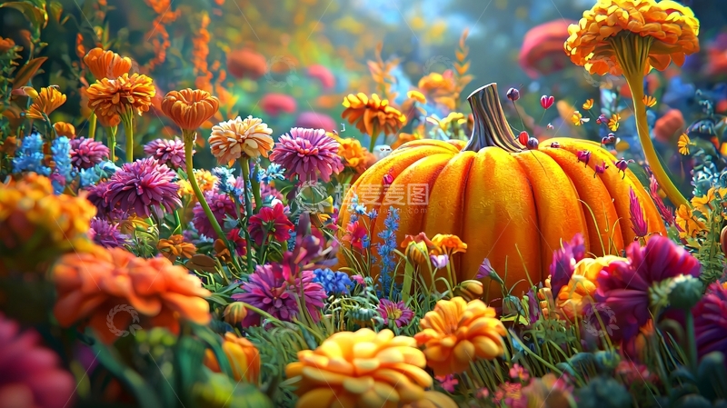 高清大图下载【趣麦麦图】秋日南瓜与五彩缤纷花朵