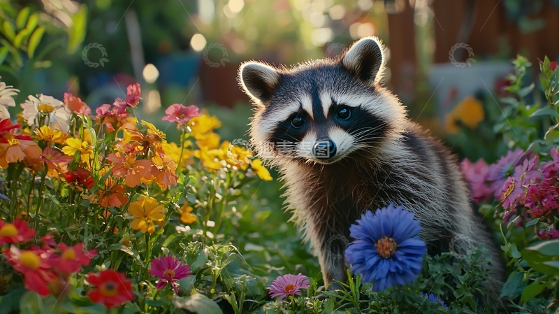 高清大图下载【趣麦麦图】浣熊与花园中的花朵