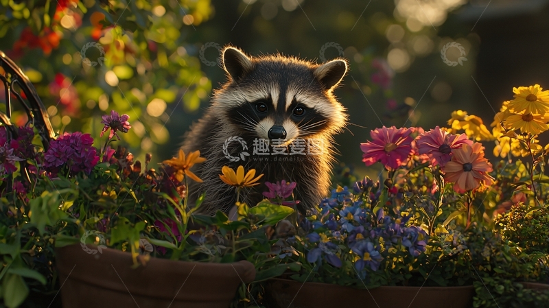 高清大图下载【趣麦麦图】浣熊与花园中的花朵