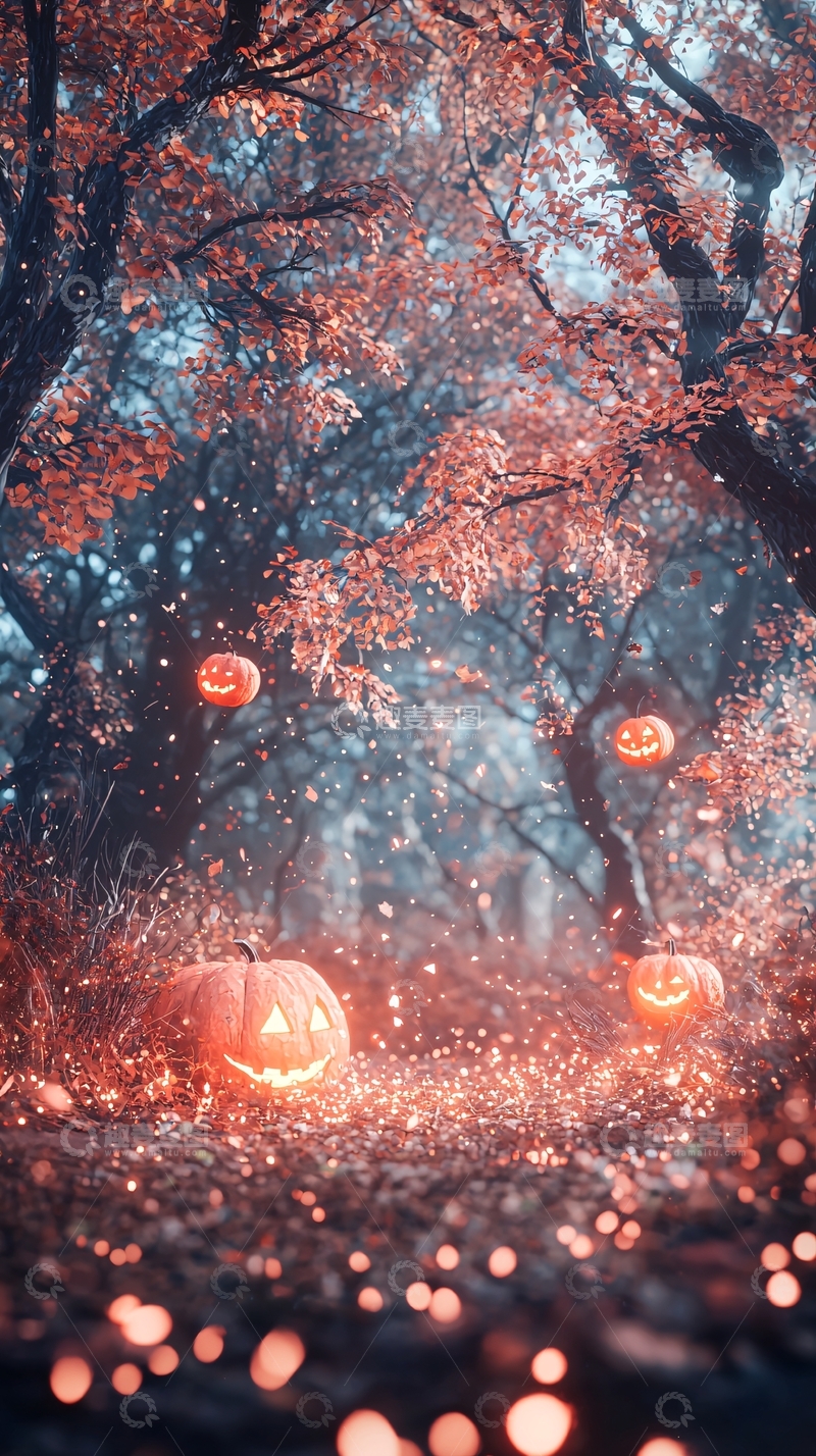 高清大图下载【趣麦麦图】秋夜森林中的南瓜灯