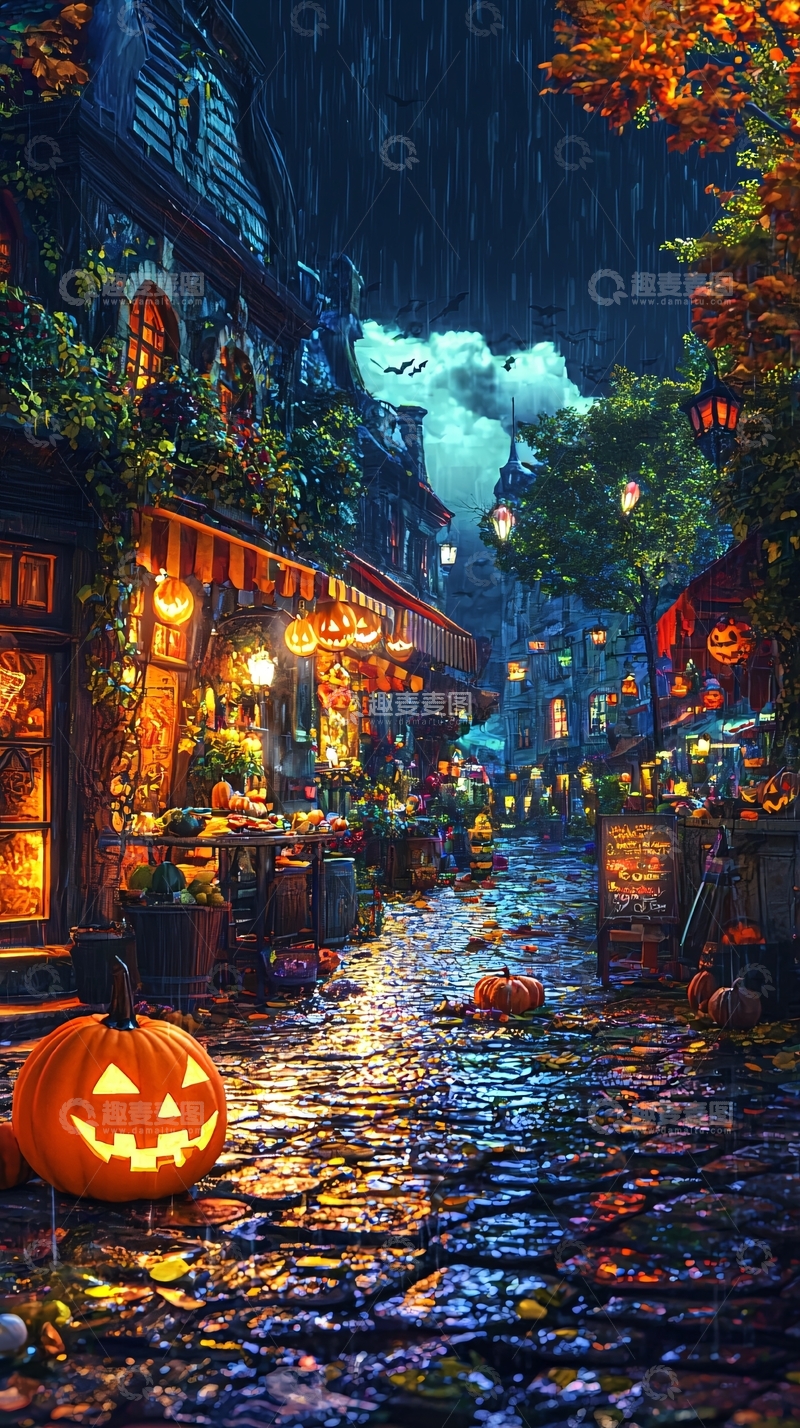 高清大图下载【趣麦麦图】万圣节雨夜街道