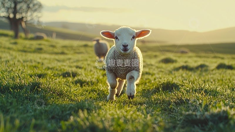 高清大图下载【趣麦麦图】夕阳下的小羊羔奔跑在田野里