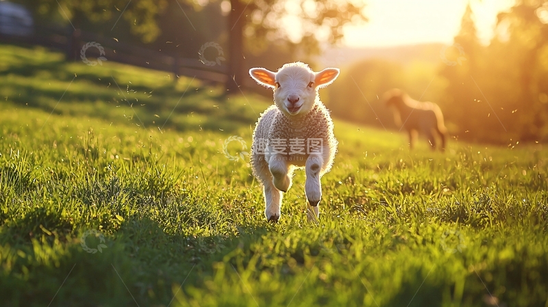 高清大图下载【趣麦麦图】夕阳下的小羊奔跑场景