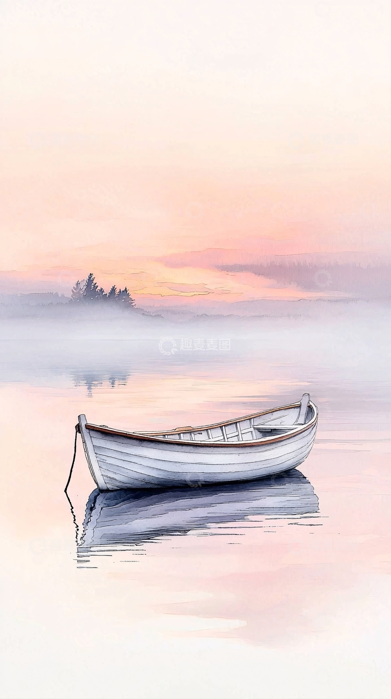 高清大图下载【趣麦麦图】晨雾中的小船